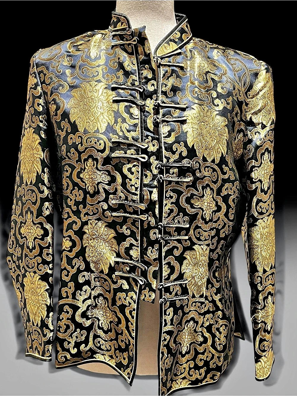 Vintage Matsuzaki Dark Navy Gold Brocade Mandarin Jacket L